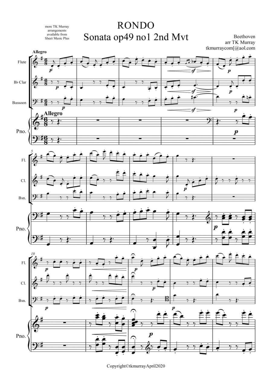 Beethoven - Rondo Op.49 - Flute, Clarinet, Bassoon  Piano, Piano Quartet (arr. TK Murray)