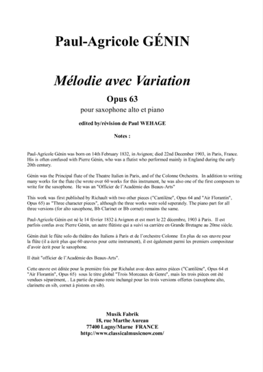Paul-Agricole Génin: Mélodie avec variation, opus 63, for alto saxophone and piano (arr. Paul Wehage)