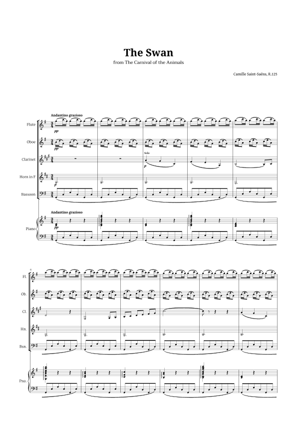 The Swan by Saint-Saëns for Woodwind Quintet and Piano (arr. Langanho)