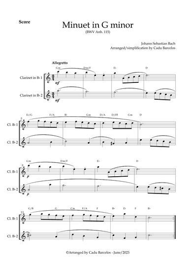 Minuet in G minor BWV anh 115 (Bach) 2 Clarinets chords (arr. Cadu Barcelos)