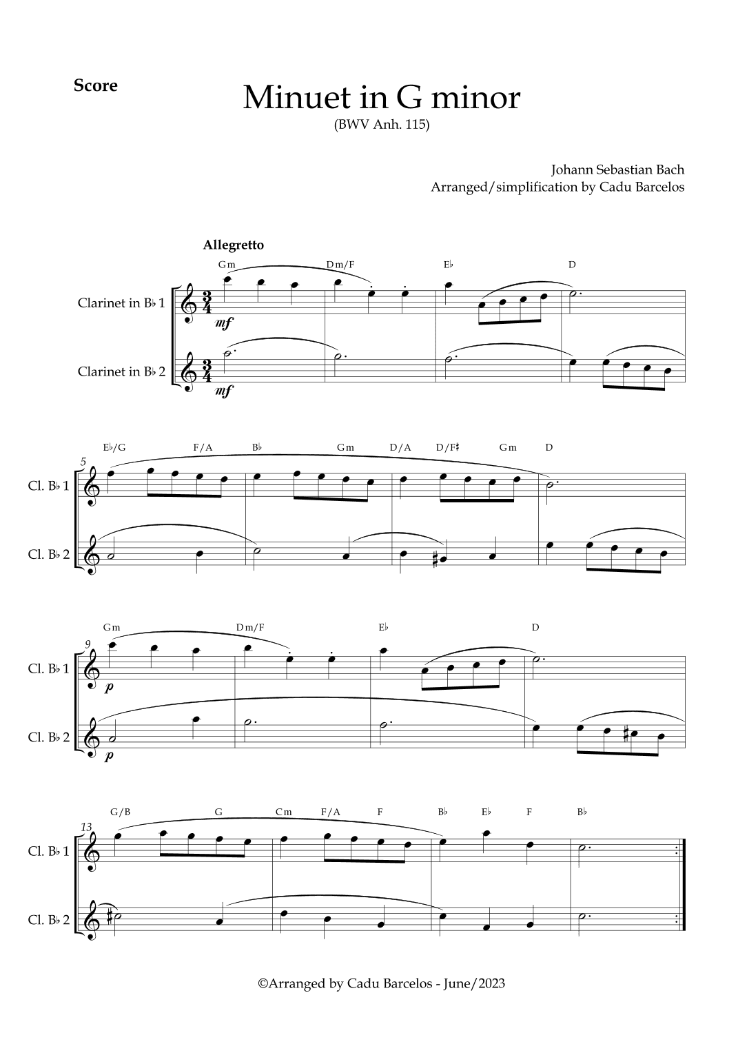 Minuet in G minor BWV anh 115 (Bach) 2 Clarinets chords (arr. Cadu Barcelos)