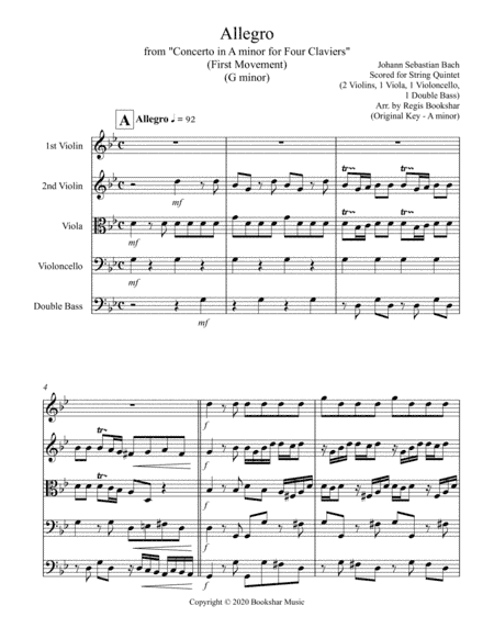 Allegro (from "Concerto for Four Claviers") (G min) (String Quintet - 2 Violins, 1 Viola, 1 Cello, 1 (arr. Regis Bookshar)