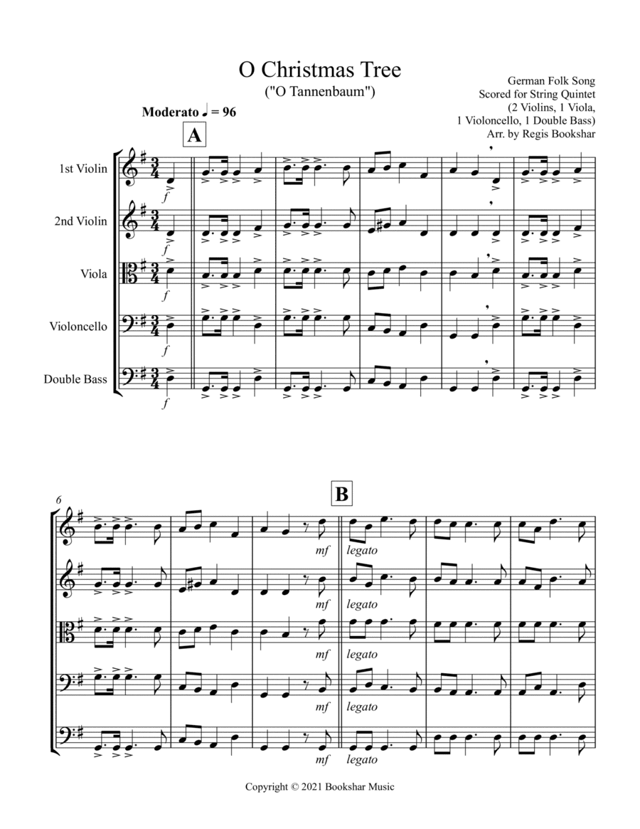 O Christmas Tree (G) (String Quintet - 2 Violins, 1 Viola, 1 Cello, 1 Bass) (arr. Regis Bookshar)