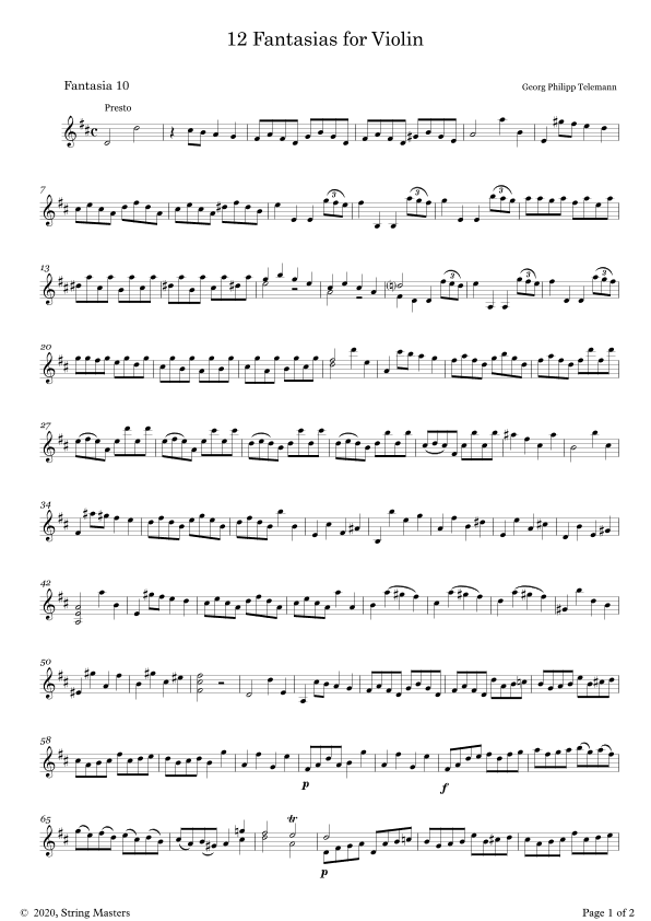 Telemann 12 Fantasias for Solo Violin, No 10 (arr. String Masters)