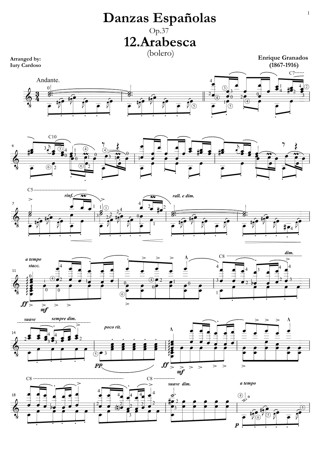 Guitar arrangement of the "Spanish dance No.12" (Danza Española n°12 "Arabesca") (arr. Iury Cardoso)