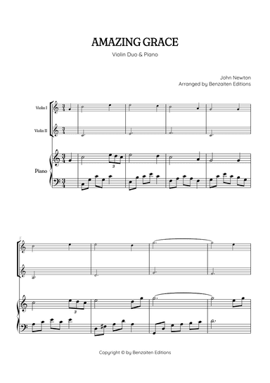 Amazing Grace • super easy violin duet sheet music with intermediate piano accompaniment (arr. Benzaiten Editions)