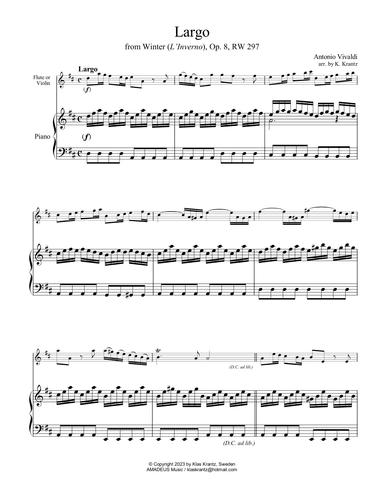 Largo from Winter (L'Inverno) for easy flute/violin and piano (cello part ad lib) (arr. K. Krantz)