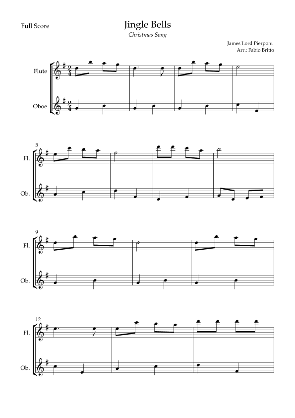 Jingle Bells (Christmas Song) for Flute & Oboe Duo (arr. Fabio Britto)