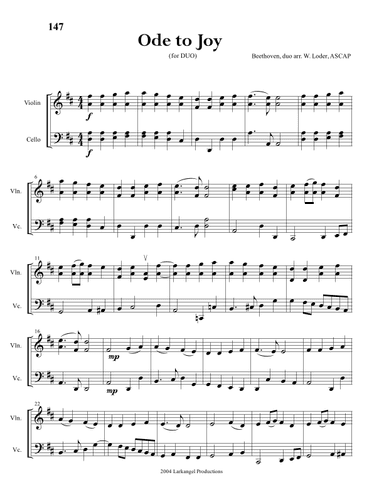 Ode to Joy for Duo (violin & cello) (arr. Wendy Loder, ASCAP)