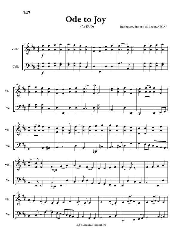 Ode to Joy for Duo (violin & cello) (arr. Wendy Loder, ASCAP)