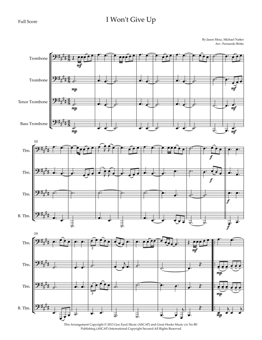 I Won't Give Up (arr. Fernando Britto)