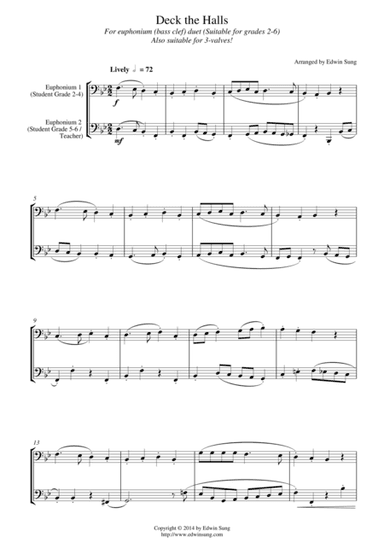 Deck the Halls (for euphonium duet(bass clef, 3 or 4 valved), suitable for grades 2-6) (arr. Edwin Sung)