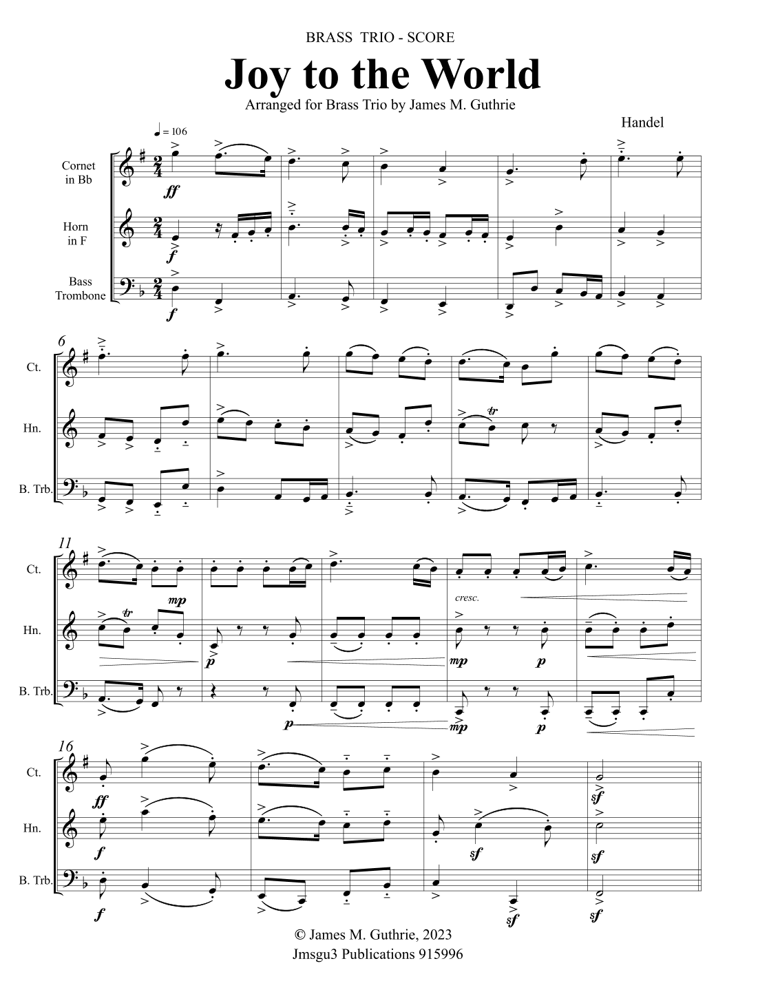 Joy to the World for Brass Trio (arr. James M. Guthrie)