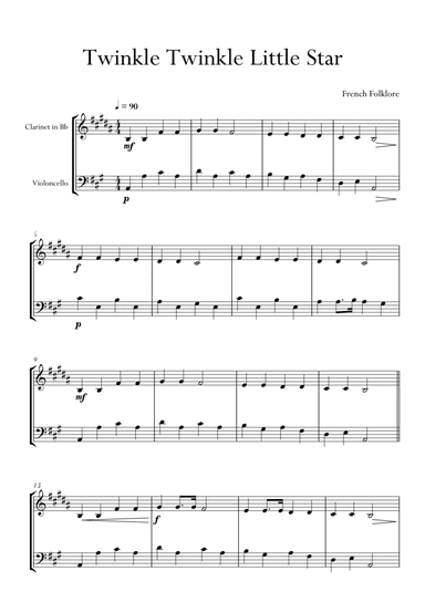 Twinkle Twinkle Little Star in A Major for Clarinet and Cello (Violoncello) Duo. Easy. (arr. Matheus Araújo)