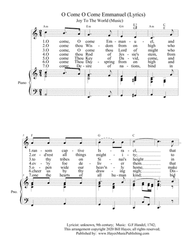Advent lyrics set to Christmas melodies #4 of 4: O Come O Come Emmanuel lyrics with Joy To The World (arr. William H Hayes)