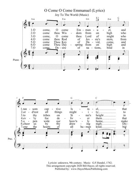 Advent lyrics set to Christmas melodies #4 of 4: O Come O Come Emmanuel lyrics with Joy To The World (arr. William H Hayes)