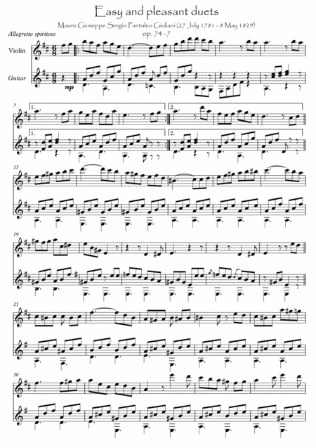 Easy Violin Guitar duets by Giuliani 74-7 (arr. PianoSheetNow)