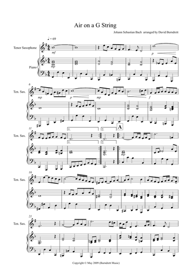Air on a G String for Tenor Saxophone and Piano (arr. David Burndrett)