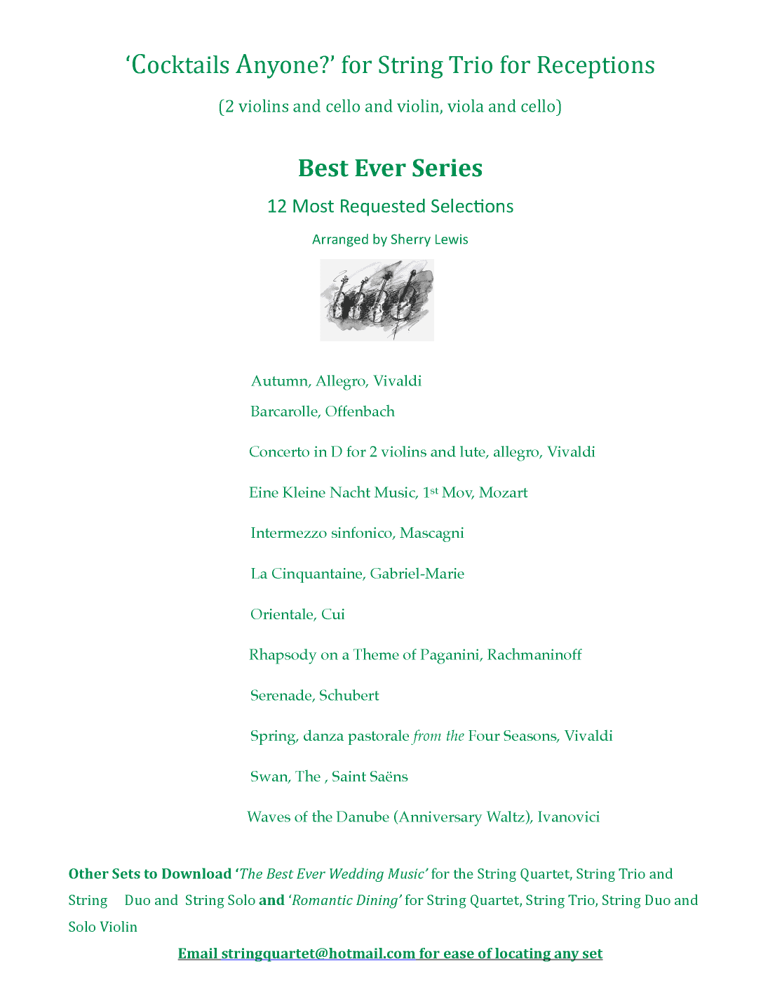 STRING TRIO MUSIC  COLLECTION SET 12 SELECTIONS FOR COCKTAIL TIME AND RECEPTIONS (arr. Sherry Lewis)