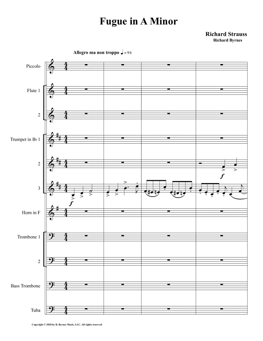 Fugue in A Minor by Richard Strauss for Brass Octet + Piccolo, 2 Flutes (arr. Richard Byrnes)