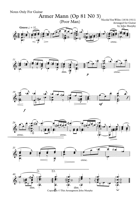 Armer Mann by N. Von Wilm Arranged for Guitar Notes Only (arr. John Murphy)