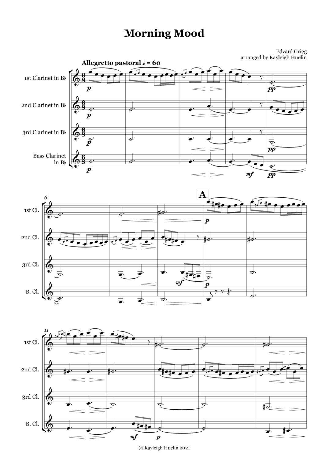 Morning Mood by Edvard Grieg - Clarinet quartet (arr. Kayleigh Huelin)