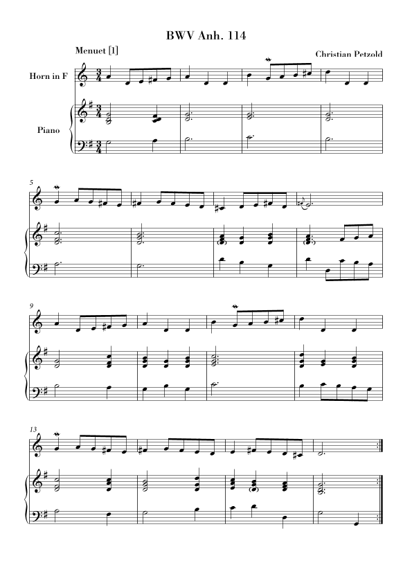 Bach - Minuet in G major and G minor (BWV Anh. 114 - 115) for Horn in F and Piano (arr. Ahiva Editions)
