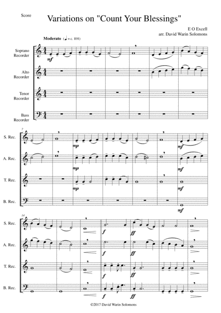 Variations on Count your blessings for recorder quartet (arr. David Warin Solomons)
