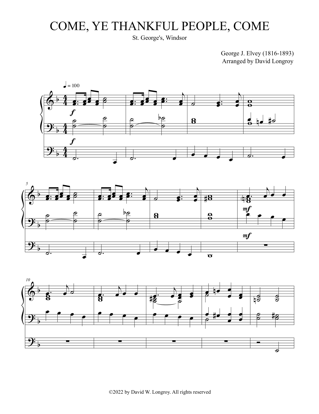 Come, Ye Thankful People, Come (St. George's, Windsor) (arr. David Longroy)