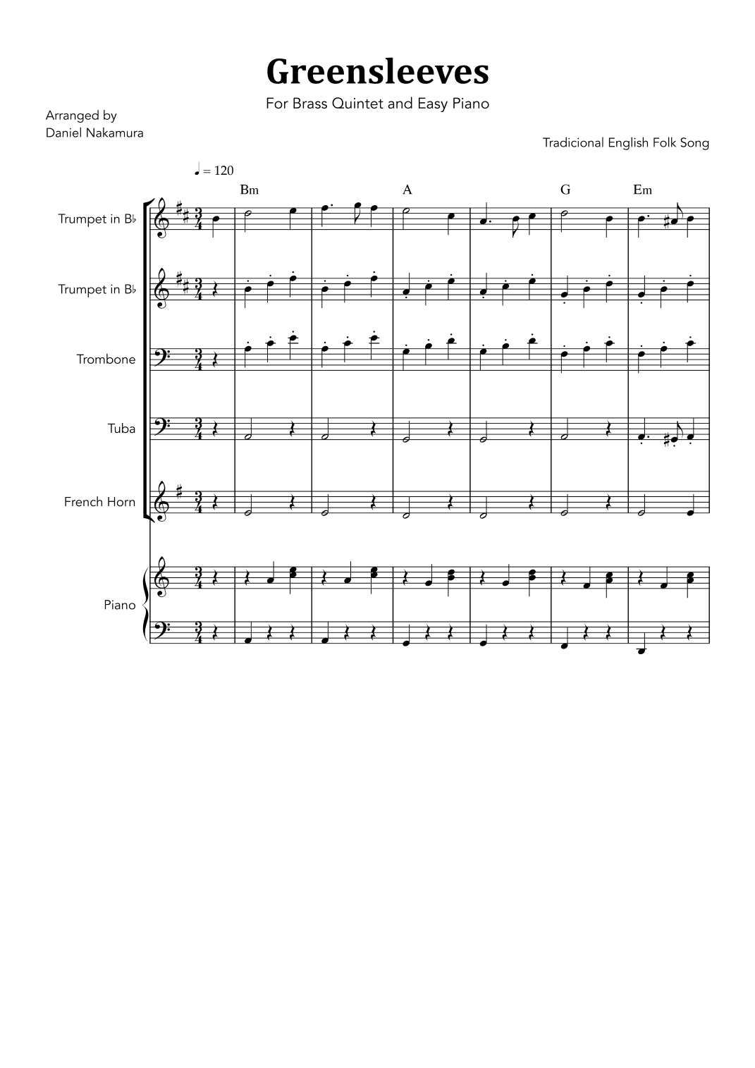 Greensleeves (For Brass Quintet and Easy Piano) (arr. Daniel Nakamura)