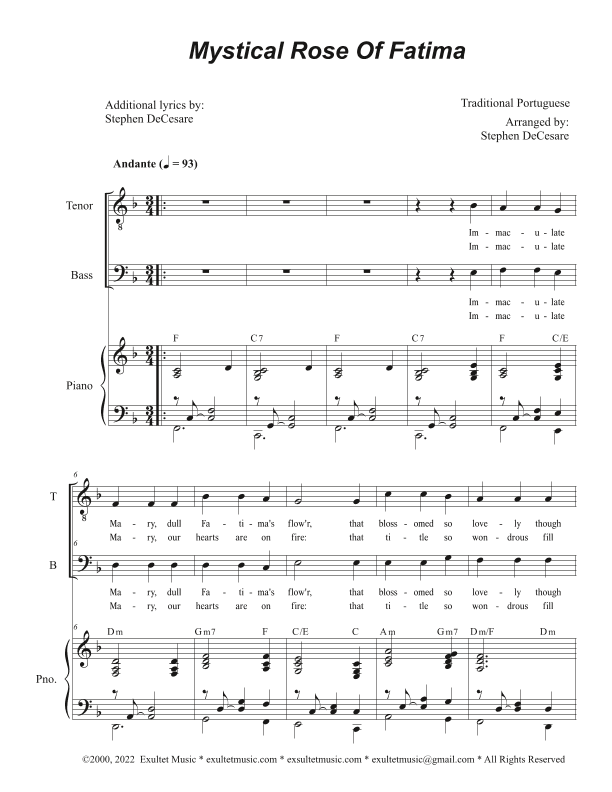 Mystical Rose Of Fatima (2-part choir - (TB) (arr. Stephen DeCesare)