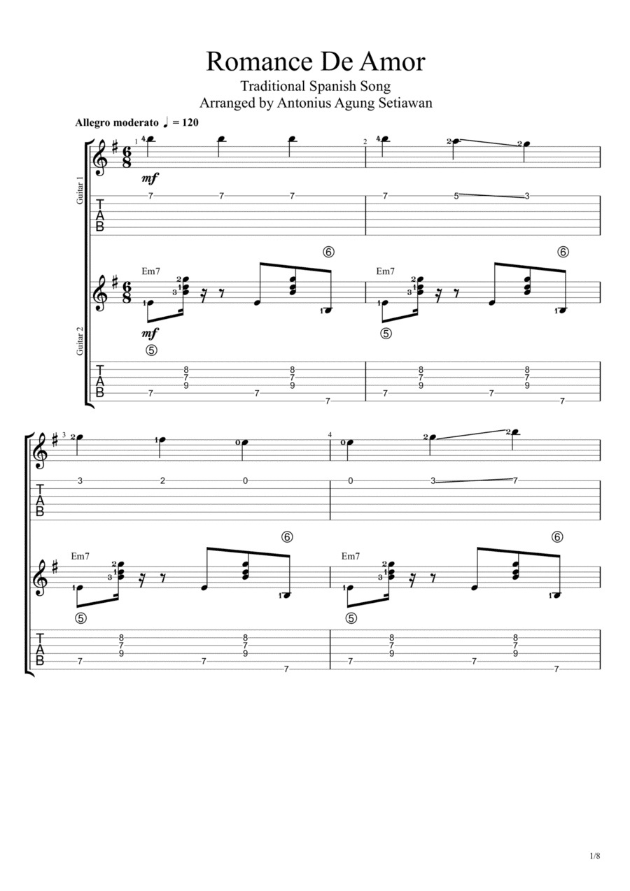 Romance de Amor (in Compound Duplet Time) (Duet Guitar Tablature) (arr. Antonius Agung Setiawan)