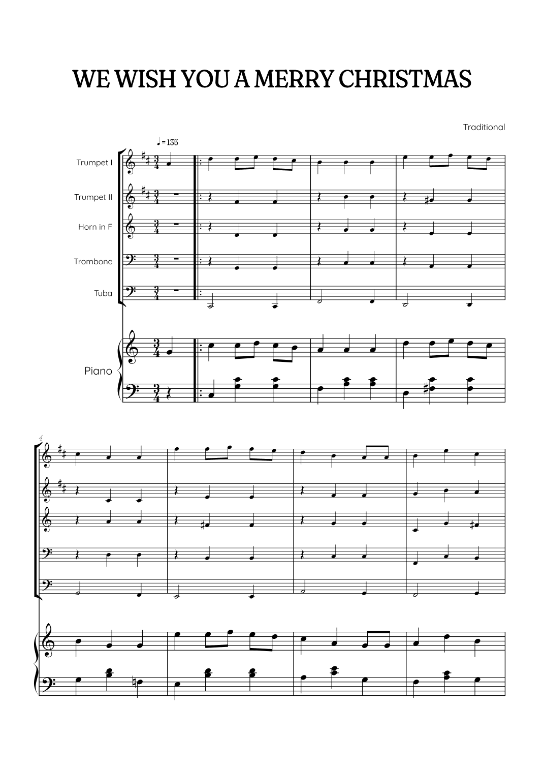 We Wish You a Merry Christmas for Brass Quintet & Piano• easy Christmas sheet music (arr. Benzaiten Editions)