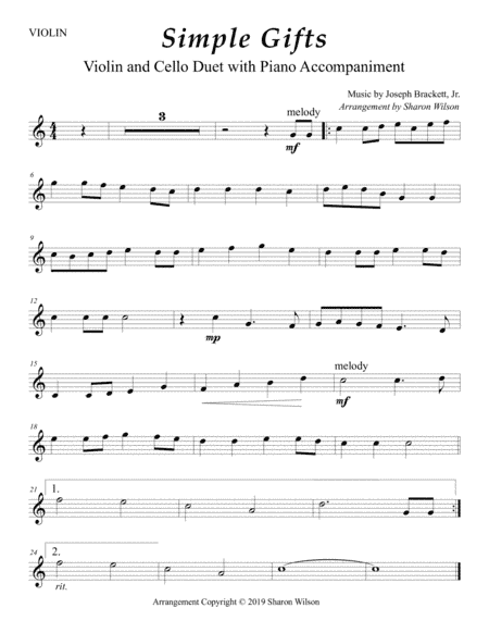 Simple Gifts (Easy Violin and Cello Duet with Piano accompaniment) (arr. Sharon Wilson)