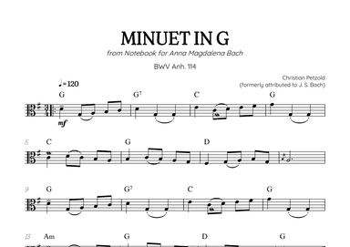 Petzold (Bach) Minuet in G BWV Anh 114 | viola solo (with chords) (arr. Benzaiten Editions)
