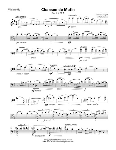 Chanson de Matin Op. 15 for cello solo (arr. K. Krantz)