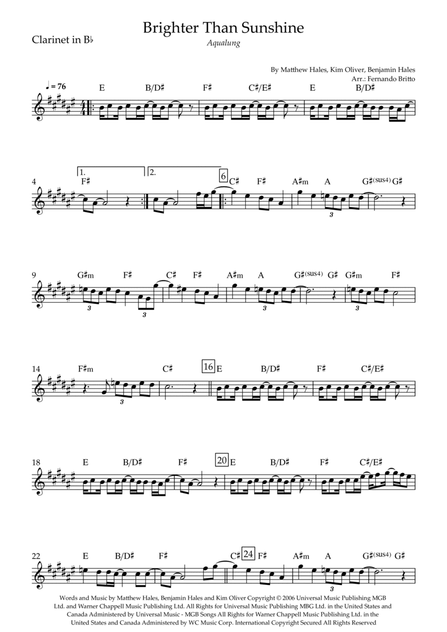 Brighter Than Sunshine (arr. Fernando Britto)
