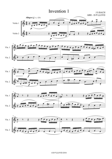 Violin duets - 5 J S Bach keyboard inventions arranged for 2 Violins. (arr. Darren Lloyd)
