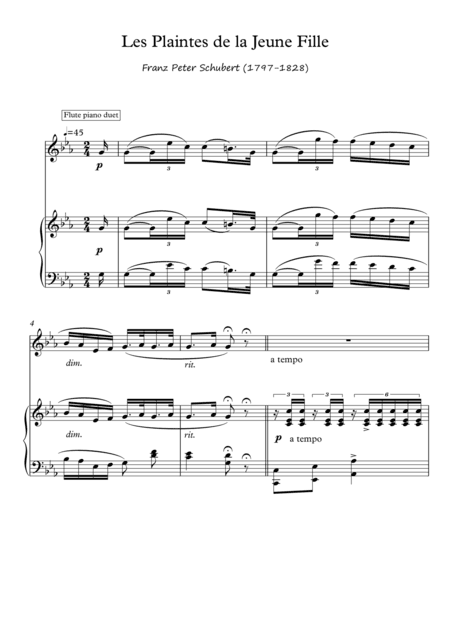 Les Plaintes Flute piano duet de Schubert (arr. PianoSheetNow)
