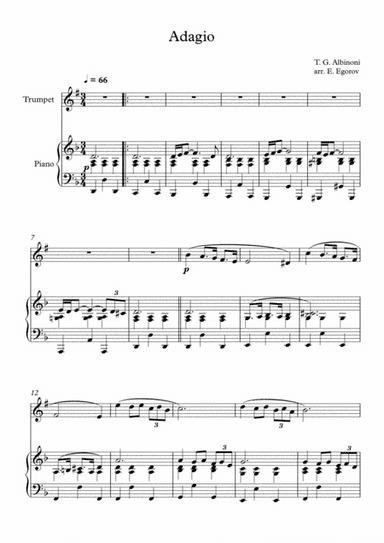 Adagio (In G Minor), Tomaso Giovanni Albinoni, For Trumpet & Piano (arr. Eugene Egorov)