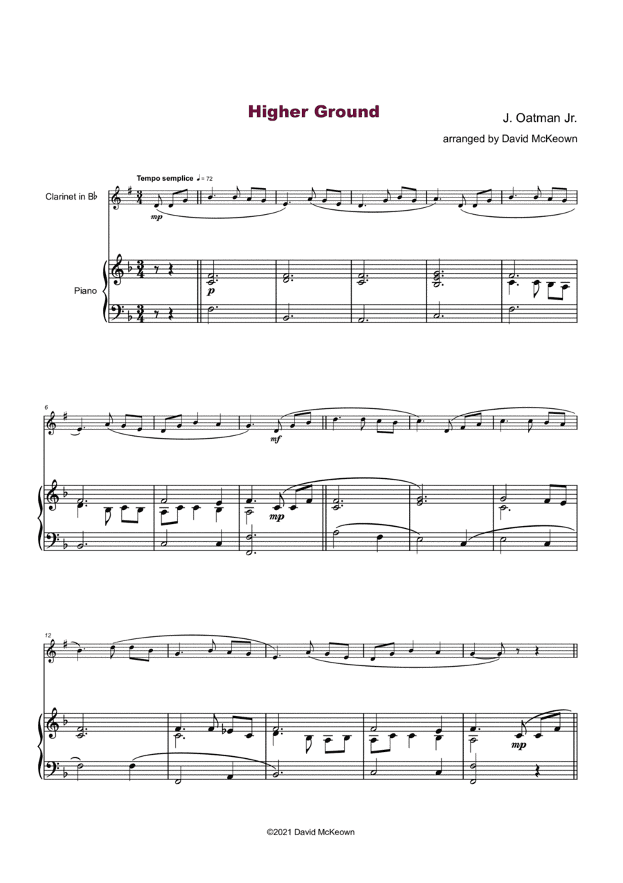 Higher Ground, Gospel Hymn for Clarinet and Piano (arr. David McKeown)