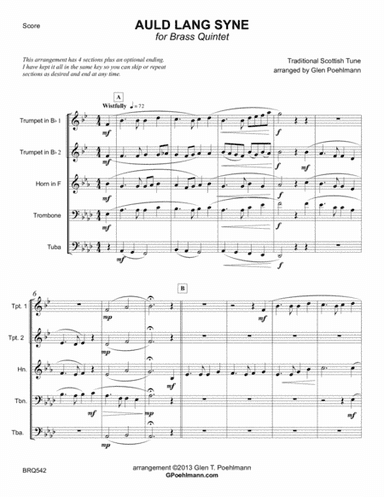 AULD LANG SYNE arranged for BRASS QUINTET (arr. Glen Poehlmann)