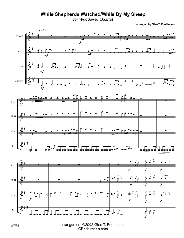 WHILE SHEPHERDS WATCHED THEIR FLOCKS with HOW GREAT OUR JOY - Woodwind Quartet with optional Piano (arr. Glen Poehlmann)