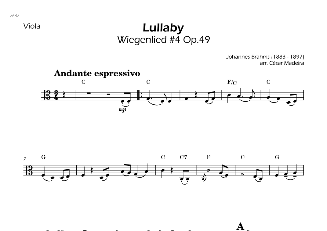 Brahms' Lullaby - Viola Solo - W/Chords (arr. César Madeira)