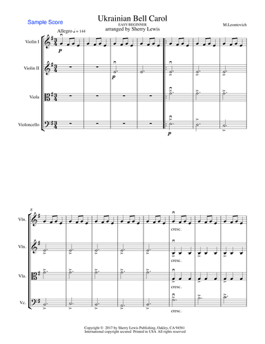 UKRAINIAN BELL CAROL (Carol of the Bells) String Quartet, Easy/Beginner (arr. Sherry Lewis)