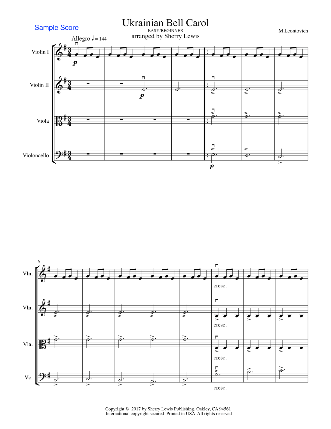 UKRAINIAN BELL CAROL (Carol of the Bells) String Quartet, Easy/Beginner (arr. Sherry Lewis)