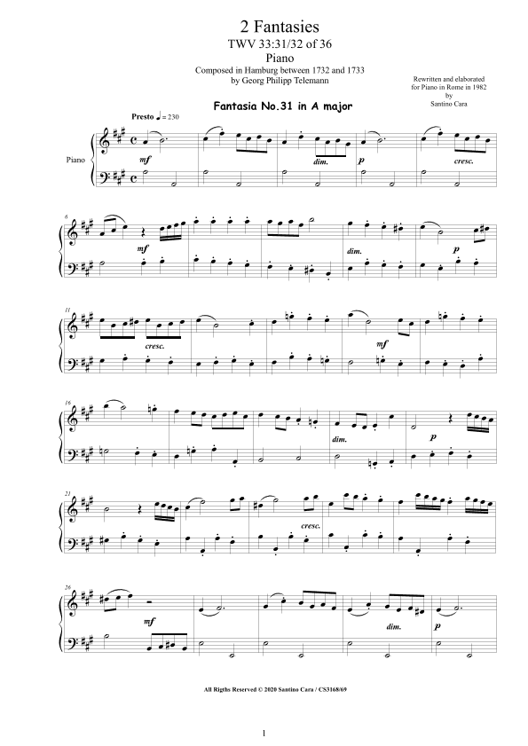 Telemann - 2 Fantasies in (A major, A minor) TWV 33 No.31-32 of 36 for Piano (arr. Santino Cara)
