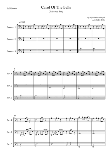 Carol Of The Bells (Christmas Song) for Bassoon Trio (D Minor) (arr. Fabio Britto)