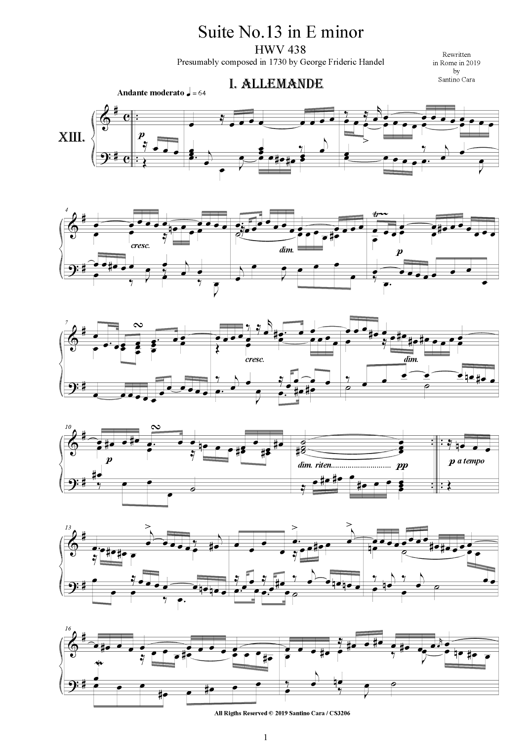 Handel - Piano Suite No.13 in E minor HWV 438 (arr. Santino Cara)