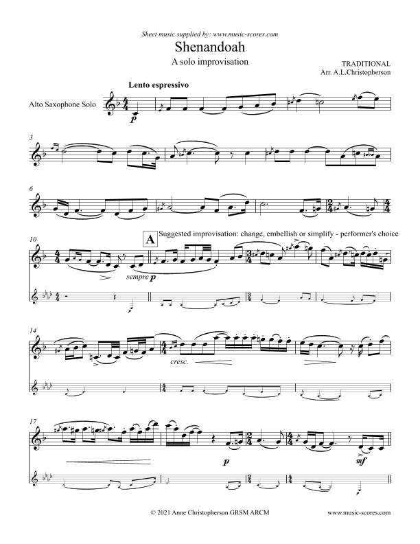 Shenandoah - Solo Alto Sax (arr. Anne L Christopherson GRSM ARCM)